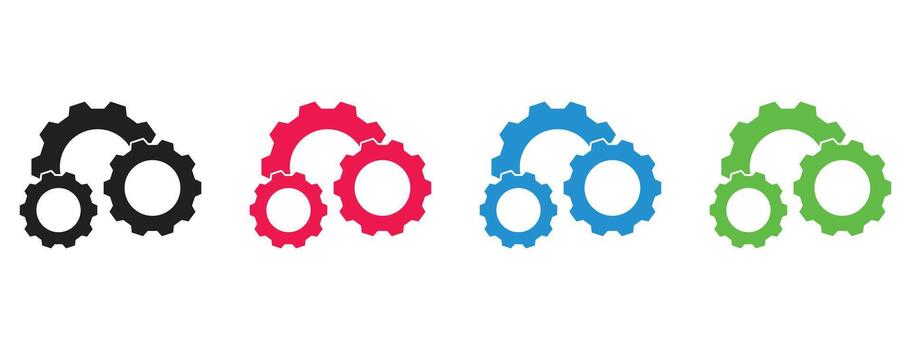 enclavamiento engranaje icono colocar, múltiple de colores rueda dentada mecanismos, trabajo en equipo proceso o industrial tecnología gráfico, sencillo Ingenieria sistema símbolo vector