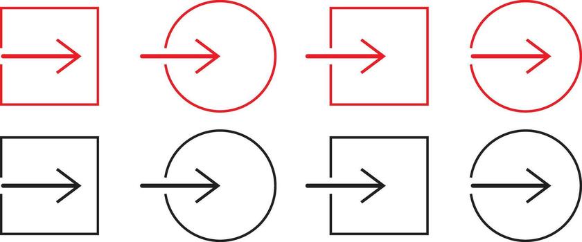 flecha iconos, entrada y salida símbolos, rojo y negro contornos, cuadrado y circular marcos vector