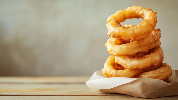 un apilar de cebolla anillos en un papel bolso foto