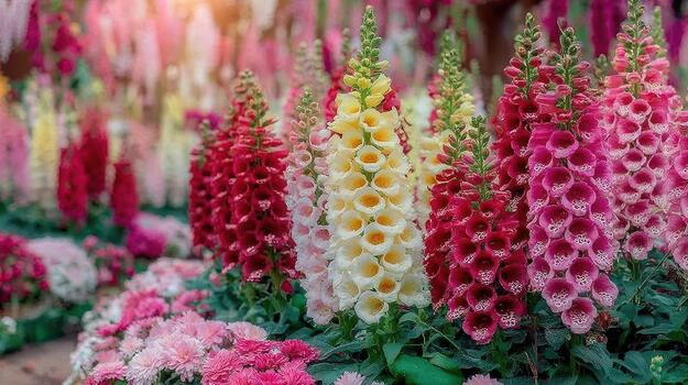 Foxglove flowers bloom in a wild patch, attracting pollinators with their colorful tubular shapes meadow hues. photo