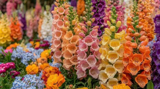 Foxglove flowers bloom in a wild patch, attracting pollinators with their colorful tubular shapes summer stems. photo