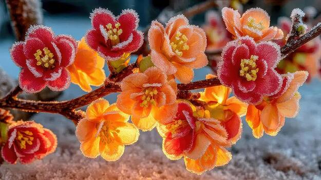 Frosted blooms on delicate branches transform the winter garden into a sparkling scene quiet frost. photo