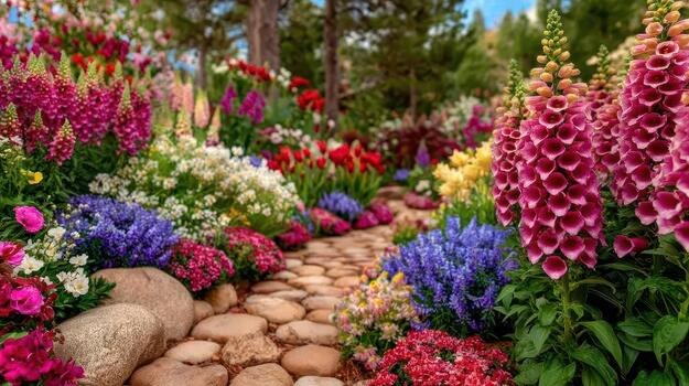 A patch of foxglove flowers sways gently, creating a serene and colorful garden scene nature height. photo