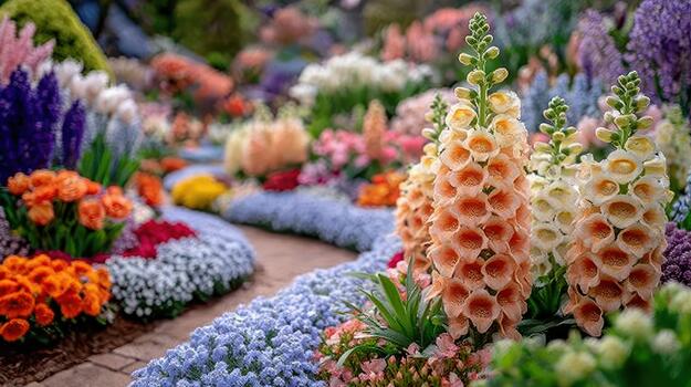 A patch of foxglove flowers sways gently, creating a serene and colorful garden scene summer stems. photo