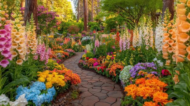 A patch of foxglove flowers sways gently, creating a serene and colorful garden scene wild bells. photo