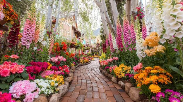 Foxglove flowers line the garden path, their delicate shapes creating a whimsical effect summer stems. photo