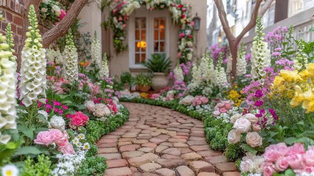 Foxglove flowers line the garden path, their delicate shapes creating a whimsical effect wild bells. photo