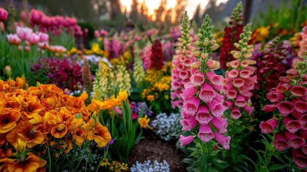 A patch of foxglove flowers sways gently, creating a serene and colorful garden scene meadow hues. photo