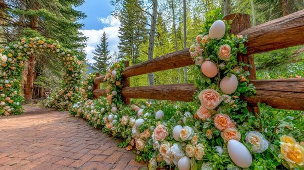 Flowers climb along the wooden fence, blending with the greenery of surrounding trees beautifully rustic charm. photo
