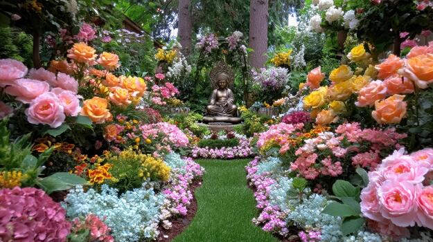 Flowers frame the gnome statue, creating a playful and picturesque garden vignette little sentinel. photo