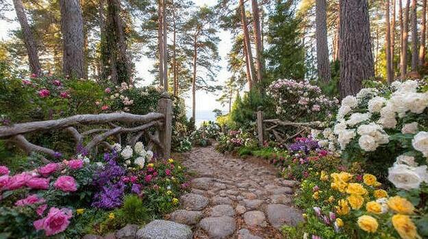 A wooden fence in the garden supports climbing flowers while trees sway above gracefully calm structure. photo
