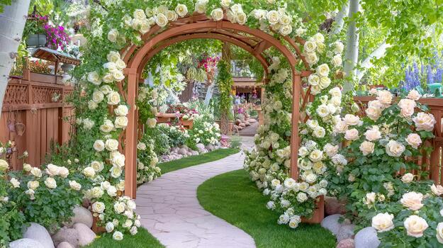 The wooden fence winds through a lush garden filled with flowering trees and climbing plants calm structure. photo