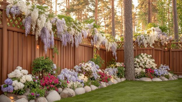 un de madera cerca en el jardín apoyos alpinismo flores mientras arboles influencia encima graciosamente rústico encanto. foto