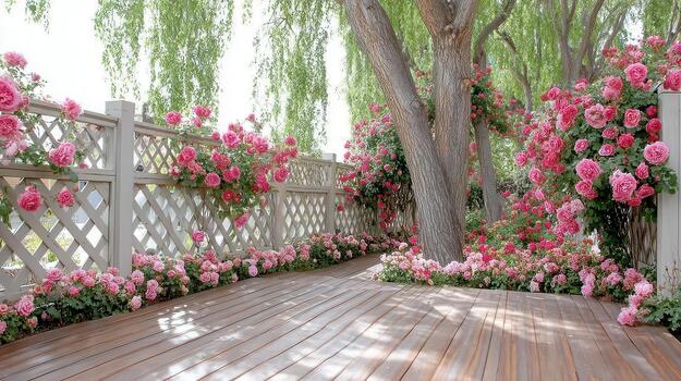 alpinismo plantas y flores adornar el de madera cerca, mezcla con arboles alrededor eso rústico encanto. foto