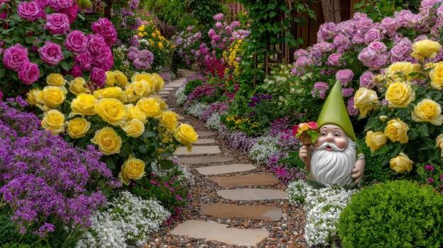 Among roses and daisies, the gnome statue adds charm and whimsy to the garden path tiny guardian. photo