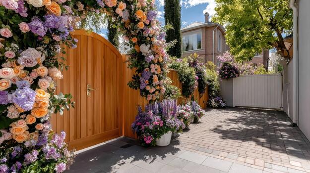 Climbing plants and flowers adorn the wooden fence, blending with trees around it calm structure. photo