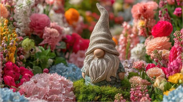 Flowers grow around the gnome statue, creating a lively and enchanting garden corner hidden magic. photo