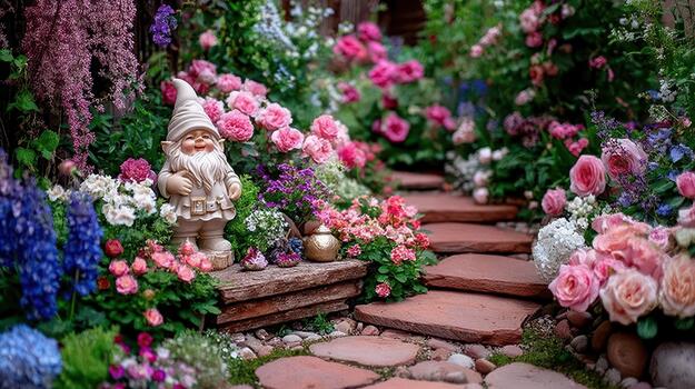 Surrounded by flowering plants, the gnome statue adds character to the garden's lush greenery tiny guardian. photo