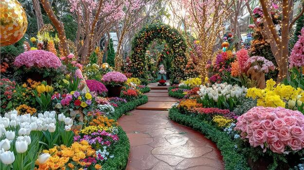 A tiny gnome statue is hidden among colorful flowers, adding magic to the garden path enchanted nook. photo