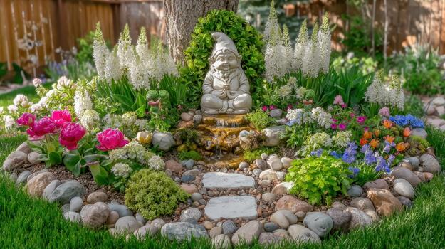 Flowers frame the gnome statue, creating a playful and picturesque garden vignette hidden magic. photo
