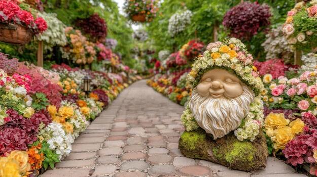 The garden gnome statue is adorned by colorful flowers, creating a whimsical, serene display enchanted nook. photo