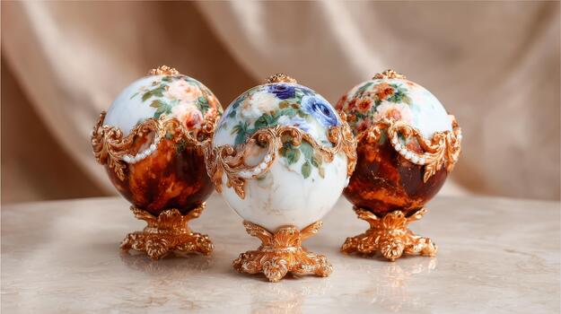 Luxurious Rococo orbs display intricate scrolls, floral patterns, and elegant gilding decorative finesse. photo