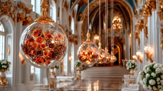 Each Rococo orb is adorned with gilded scrolls, floral patterns, and artistic detailing decorative finesse. photo