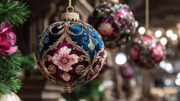 Each Rococo orb is adorned with gilded scrolls, floral patterns, and artistic detailing grand embellishments. photo