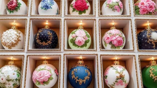 Each Rococo orb is adorned with gilded scrolls, floral patterns, and artistic detailing ornate splendor. photo