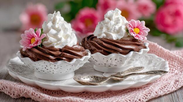 Chocolate pudding served in delicate cups with whipped cream is perfect for gatherings rich softness. photo