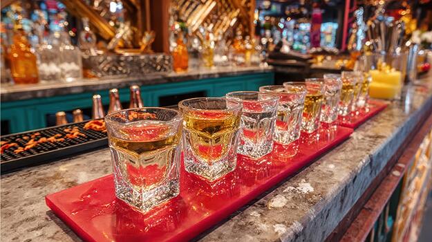 Tequila shots line the counter, each one ready to bring a spark of fun wild sip. photo