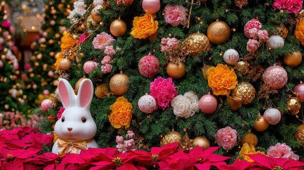 The Christmas tree shines with sparkling pink and white ornaments arranged in a gentle pattern frosted hues. photo