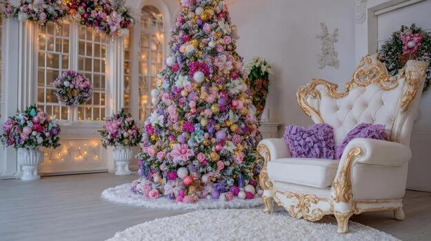 The Christmas tree shines with sparkling pink and white ornaments arranged in a gentle pattern pink twinkle. photo