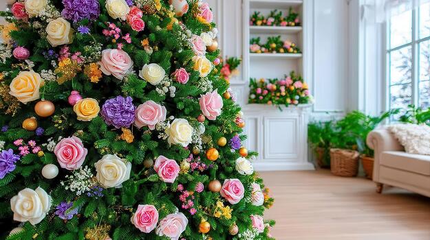 The Christmas tree shines with sparkling pink and white ornaments arranged in a gentle pattern ornament grace. photo