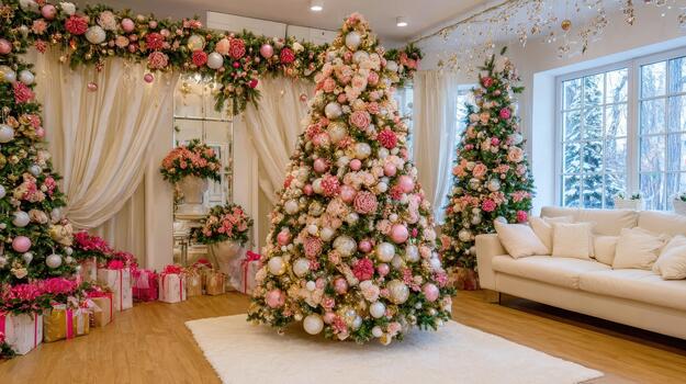 The Christmas tree shines with sparkling pink and white ornaments arranged in a gentle pattern festive blush. photo