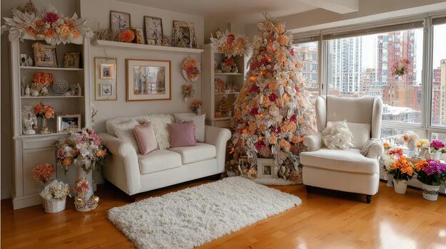A layer of pink and white ornaments transforms the Christmas tree into a dreamlike display pink twinkle. photo