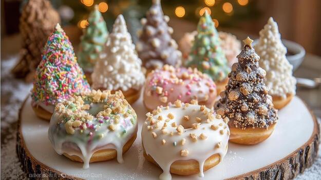 A Christmas tree of sugar coated donuts sparkles, adding charm and deliciousness donut magic. photo
