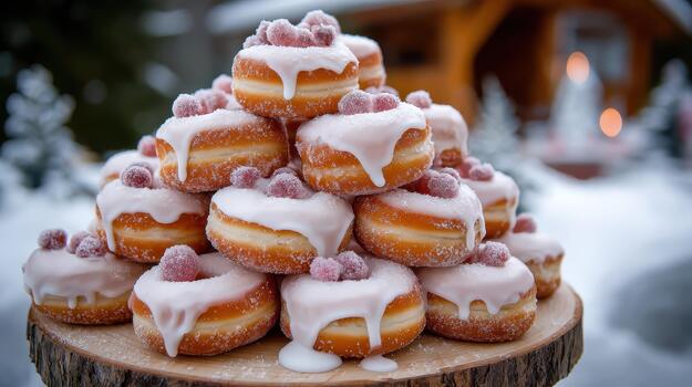 A Christmas tree of sugar coated donuts sparkles, adding charm and deliciousness sweet sparkle. photo