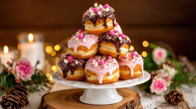 A Christmas tree of sugar coated donuts sparkles, adding charm and deliciousness christmas whimsy. photo