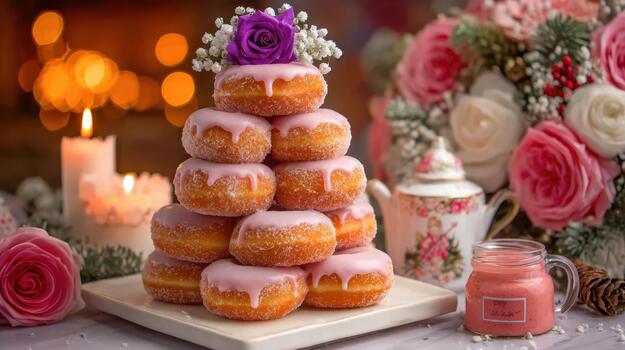 A stack of sugar coated donuts transforms into a whimsical Christmas tree centerpiece donut magic. photo