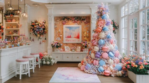 The Christmas tree was transformed into a playful, colorful display with macarons treat sparkle. photo
