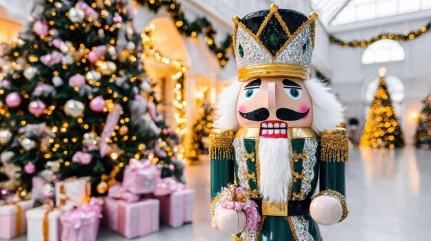 The nutcracker's detailed uniform sparkles under Christmas lights, adding holiday charm season soldier. photo