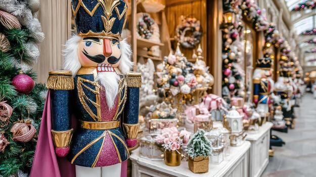 The nutcracker's detailed uniform sparkles under Christmas lights, adding holiday charm christmas guardian. photo