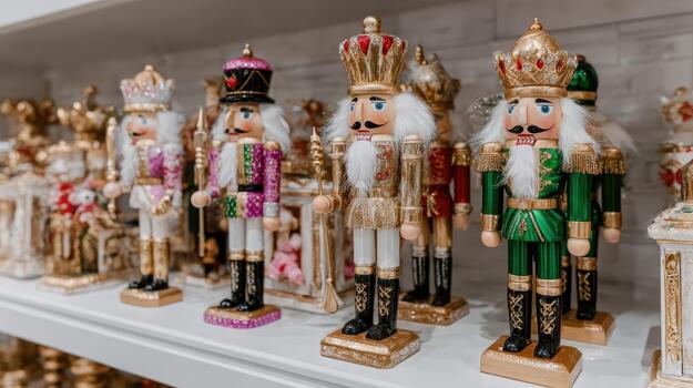 Wooden nutcrackers line the shelf, each dressed in traditional holiday colors and patterns christmas guardian. photo