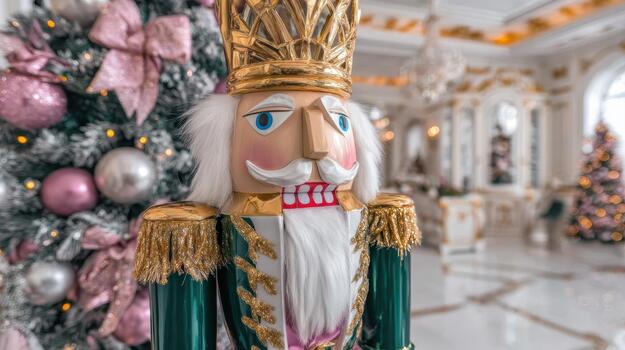 The nutcracker's detailed uniform sparkles under Christmas lights, adding holiday charm festive guard. photo