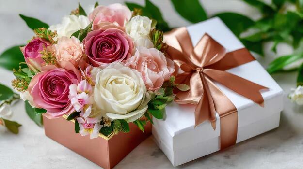 Roses bloom serenely alongside patterned gift boxes expressing care, tenderness, and unity elegant giving. photo