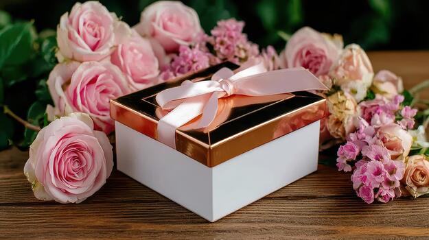 Roses bloom serenely alongside patterned gift boxes expressing care, tenderness, and unity soft presents. photo
