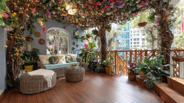 A cozy garden corner is shaded by trees, with a wooden trellis covered in climbing vines soft enclosure. photo