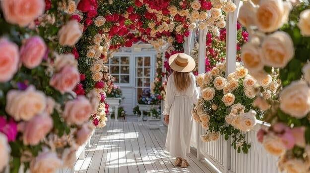 Trees form a natural wall around the garden corner, where a trellis supports climbing roses leafy corner. photo