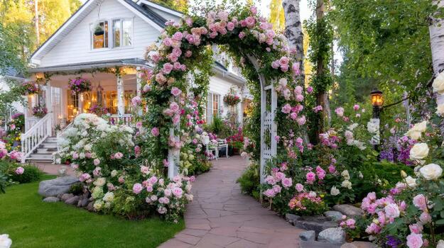 Trees form a natural wall around the garden corner, where a trellis supports climbing roses quiet arbor. photo